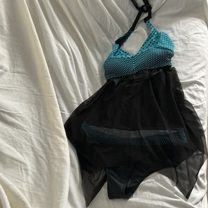 Swimsuit, sheer, mesh handkerchief halter, tankini. Blue and black size L.